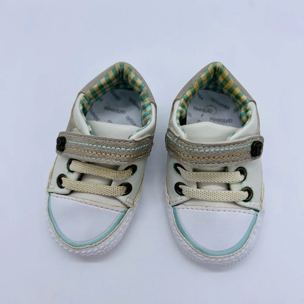 PIMPOLHO BABY BOY WHITE AND TAN CRIB SHOES SIZE 1.5